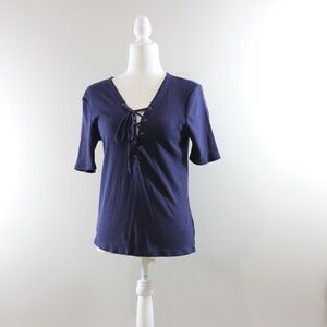 Navy Ribbed tie up blouse